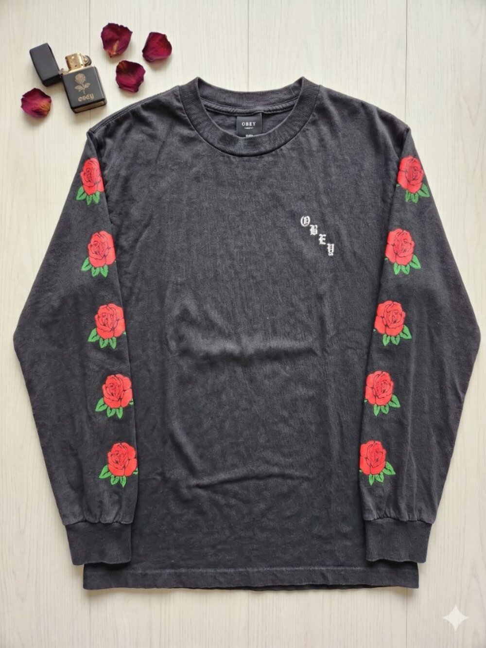Obey Black Long Sleeve Tee with Red Rose Sleeve Prints